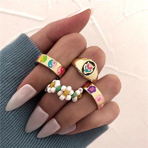 Y2K Floral Yin Yang Gold Ring Set